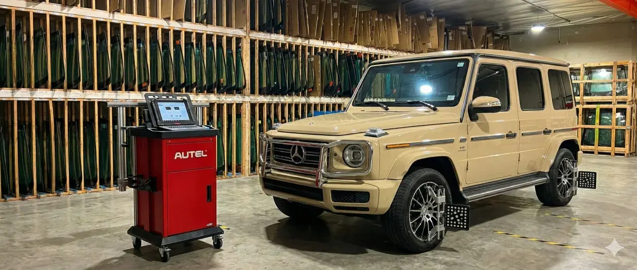 Mercedes-Benz SUV beside diagnostic equipment and racks of auto glass inside the PG Auto Glass shop